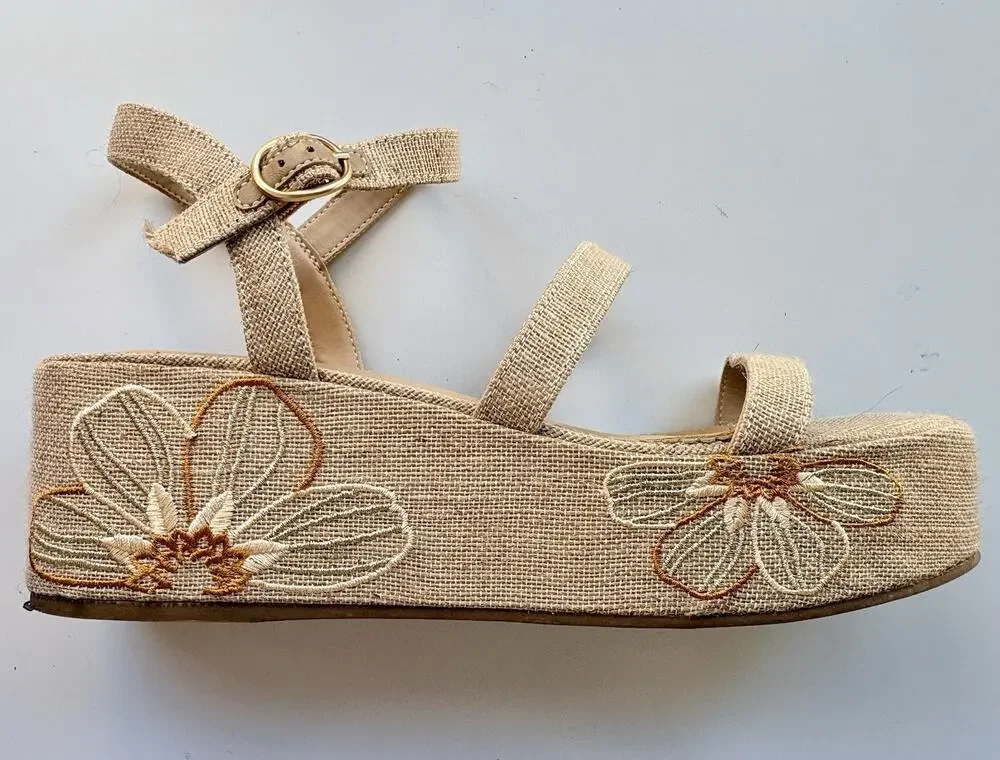 Michael Shannon Platform Sandals Linen Floral Embroidered Strappy Tan Womens 10